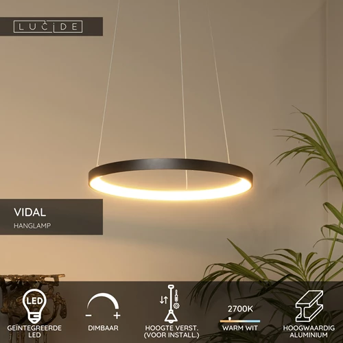 Lucide VIDAL - Hanglamp - Ø 58 cm - LED Dimb. - 1x48W 2700K - Zwart - USP